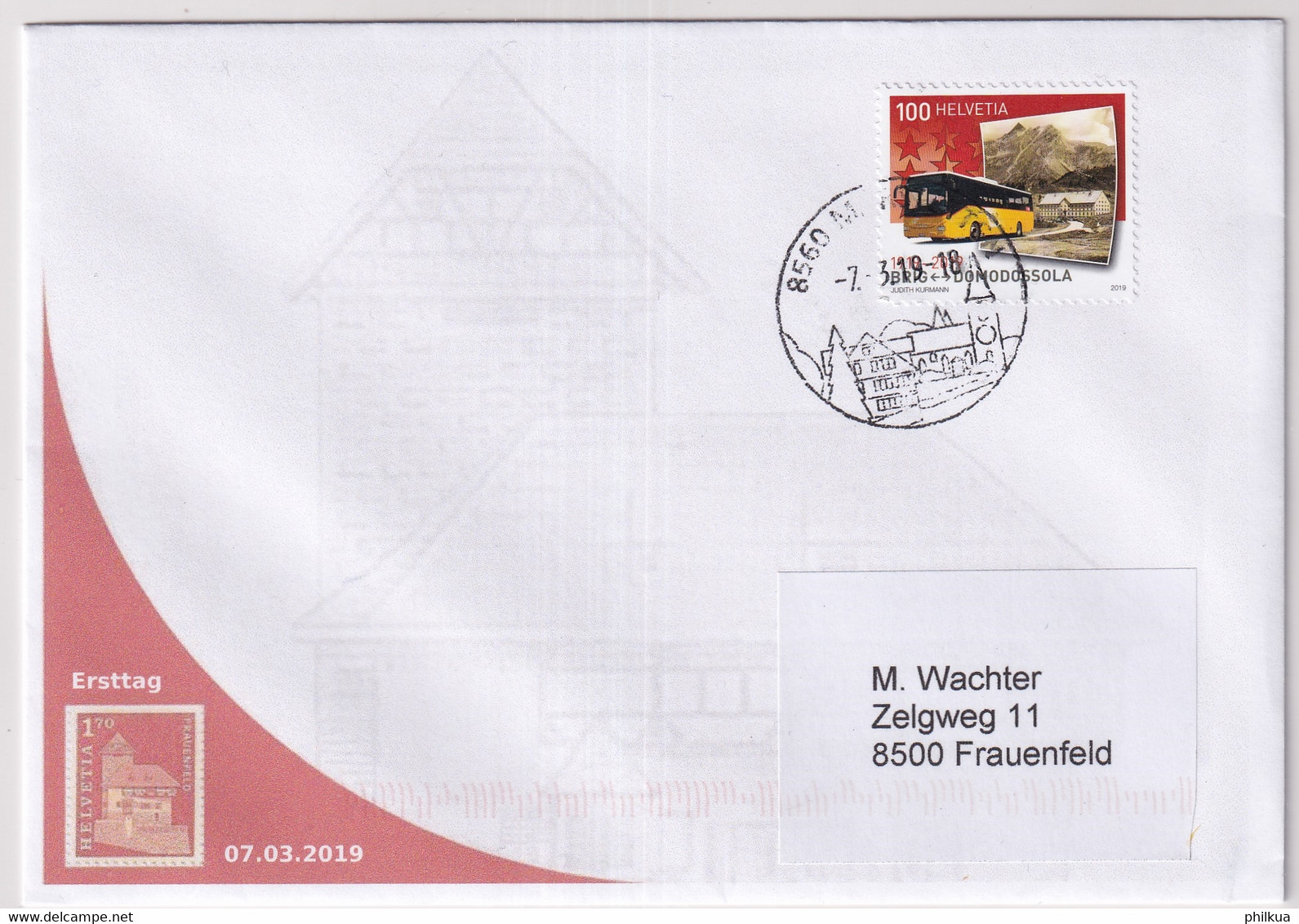 MiNr. 2590 Schweiz 2019, 7. März. 100 Jahre Postauto-Linien Gelaufenes PORTOGERECHTES FDC - ET - MÄRSTETTEN - Brieven En Documenten