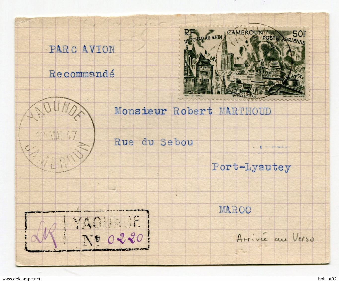 !!! CAMEROUN, DOCUMENT RECOMMANDE PAR AVION DE YAOUNDE DE 1947 POUR PORT-LYAUTEY (MAROC) - Lettres & Documents