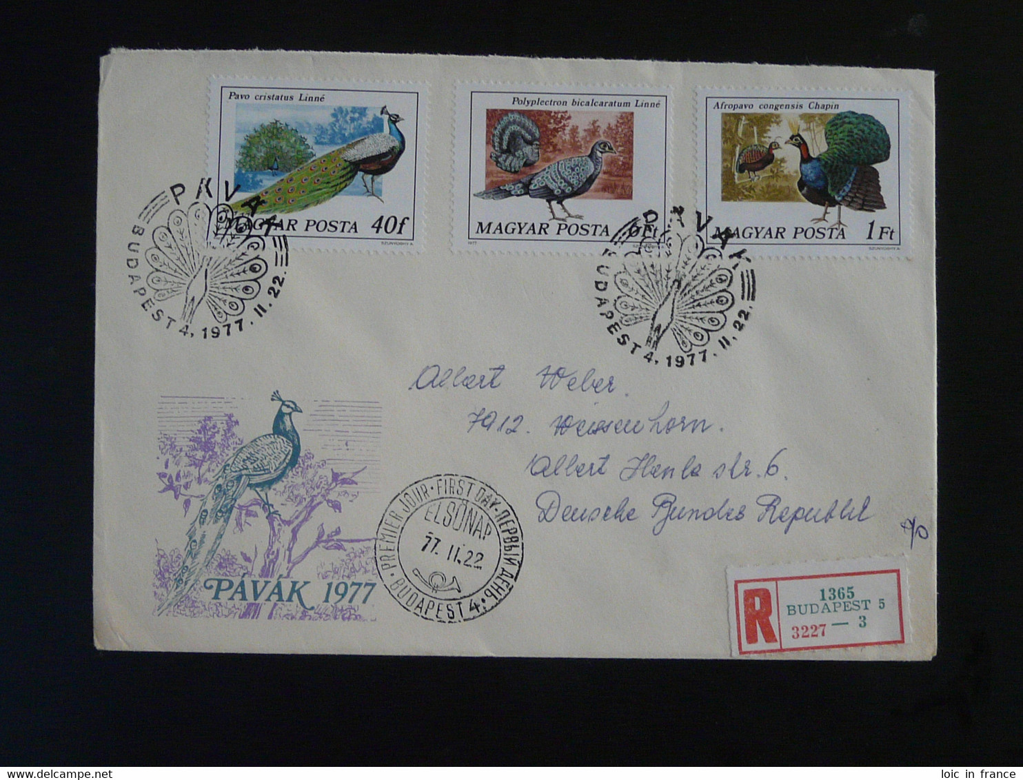 FDC Recommandée Registered Paons Peacock Hongrie Hungary 1977 - Paons