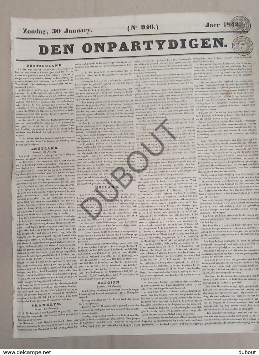 Dendermonde - Krant/Journal - Den Onpartydigen -  30-1-1842 (P326) - Algemene Informatie