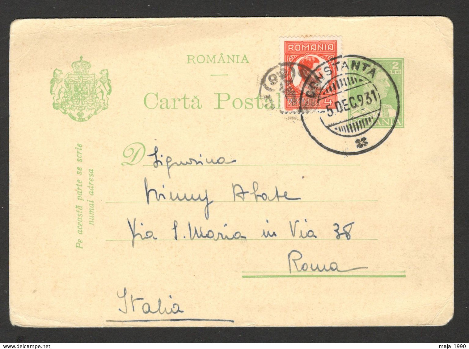 ROMANIA TO ITALY - POSTCARD STATIONERY - 1931. - Autres & Non Classés