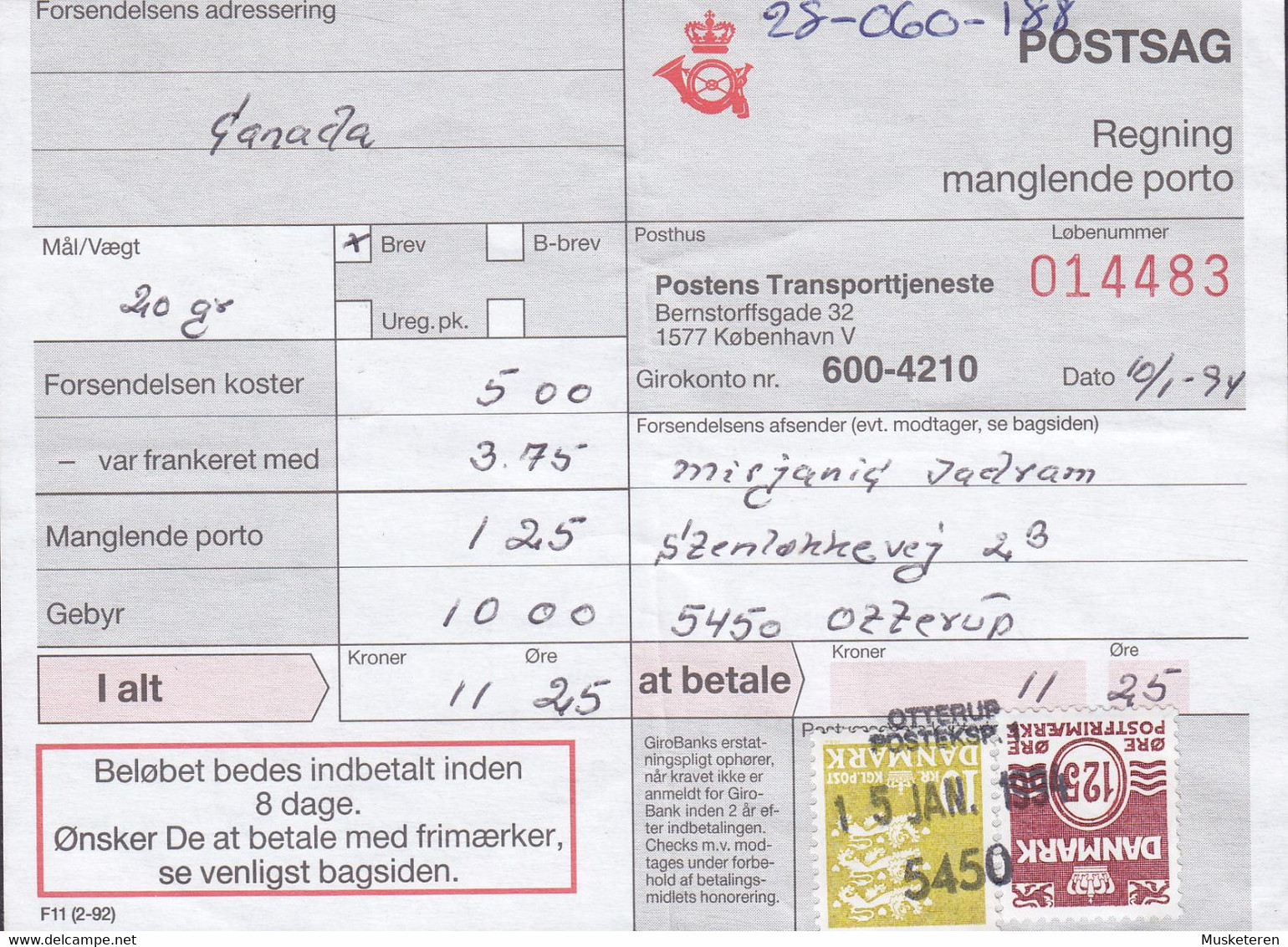 Denmark Regning Manglende Porto Bill TAXE Postage Due Canada Line Cds. OTTERUP POSTEKSP. 1, 1994 Postsag (2 Scans) - Briefe U. Dokumente