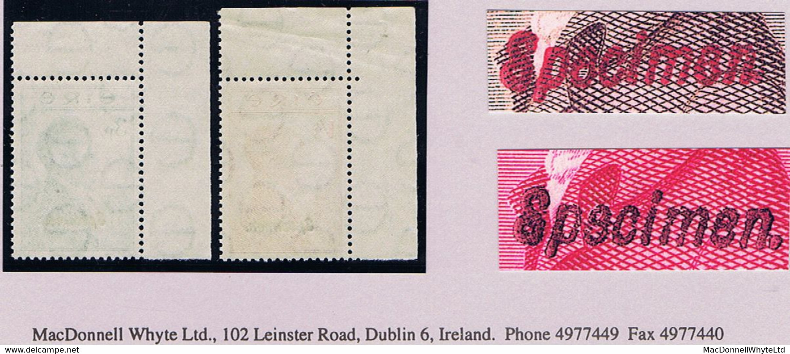 Ireland 1953 Emmet 3d And 1s 3d With "Specimen" Overprint, From Printers' Archive, Fresh Mint Unmounted Corner Marginal - Nuovi