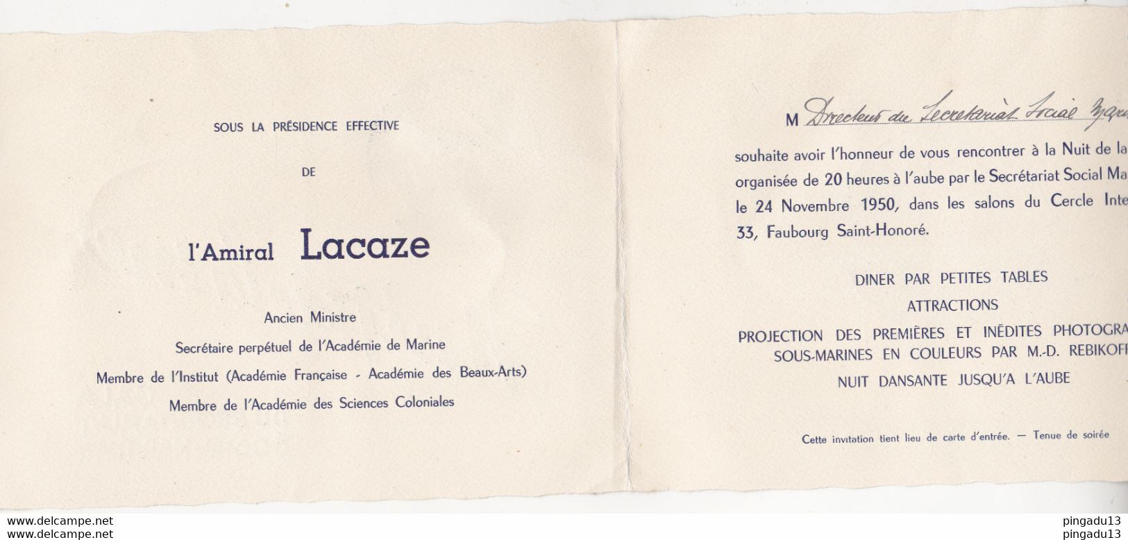 Fixe Carton Invitation Nuit De La Mer Gala Présidence Amiral Lacaze Paris Cercle Interallié 33 Faubourg Saint Honoré - Schiffe