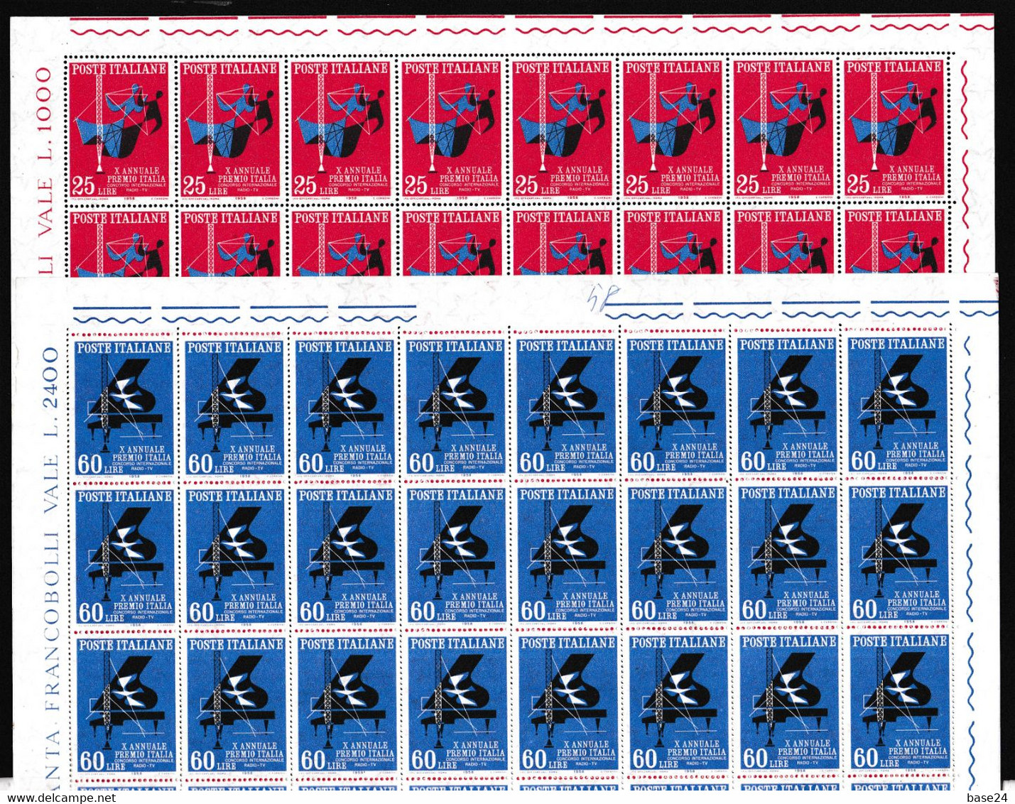 1958 Italia Italy Repubblica PREMIO ITALIA 40 Serie Di 2 Valori In Foglio Di MNH** Sheets - Ganze Bögen