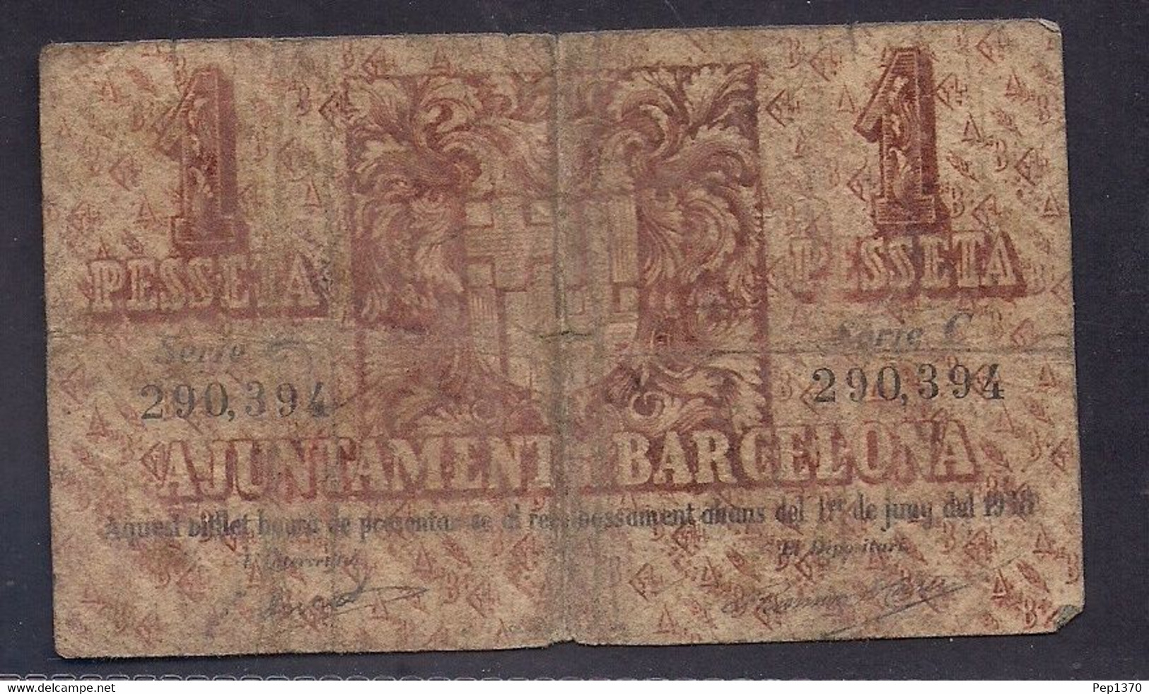 BILLETE DEL AYUNTAMIENTO DE BARCELONA DE 1 PESETA DE 1937 - 1-2 Pesetas