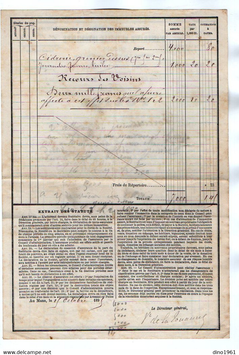 VP21.628 - NOGENT LE ROTROU 1895 - Police D'Assurance Mutuelle Immobilière à LE MANS Pour Mr FOREAU à MASLE ( MALE ) - Bank En Verzekering