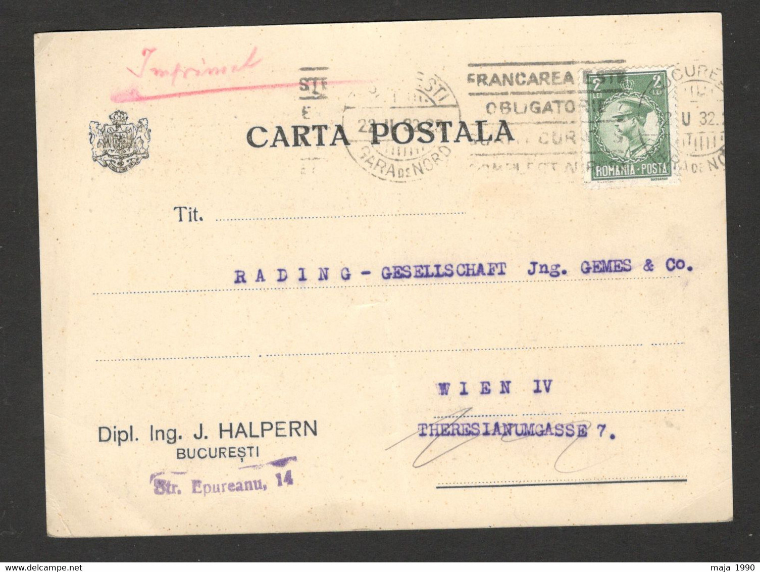 ROMANIA  TO AUSTRIA - POSTCARD STATIONERY - 1932. - Autres & Non Classés