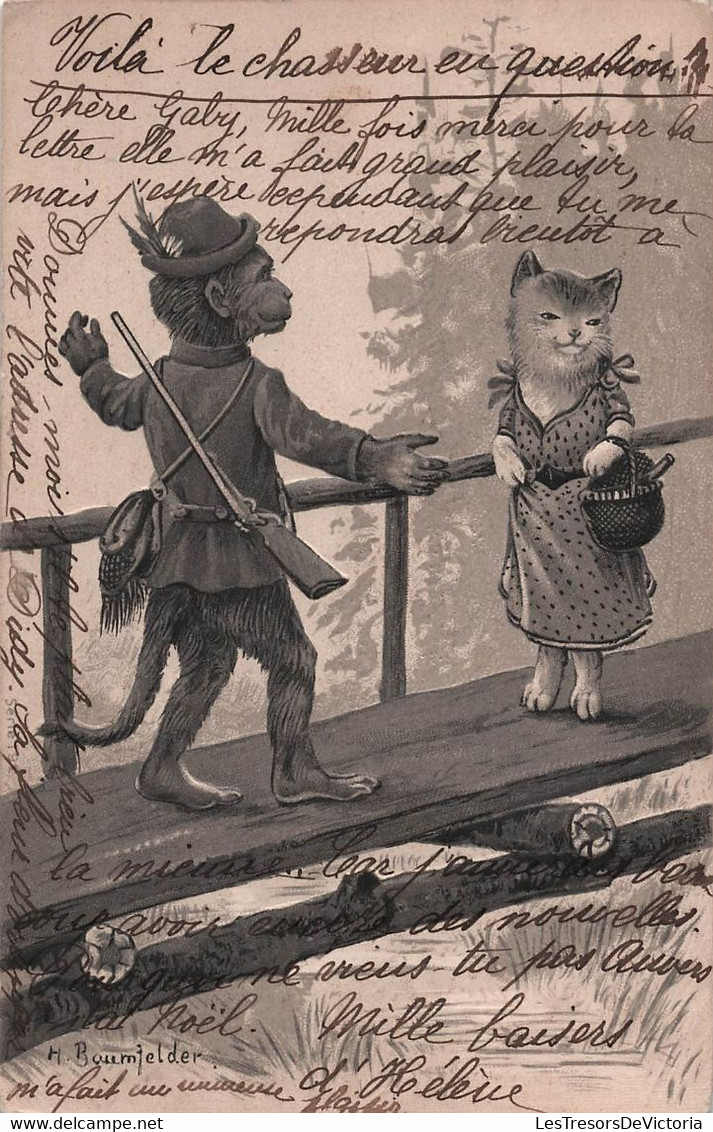 Fantaisie - CHATS - Animaux Habillés - Chat Sur Un Pont En Bois Avec Un Singe - Carte Postale Ancienne - - Geklede Dieren