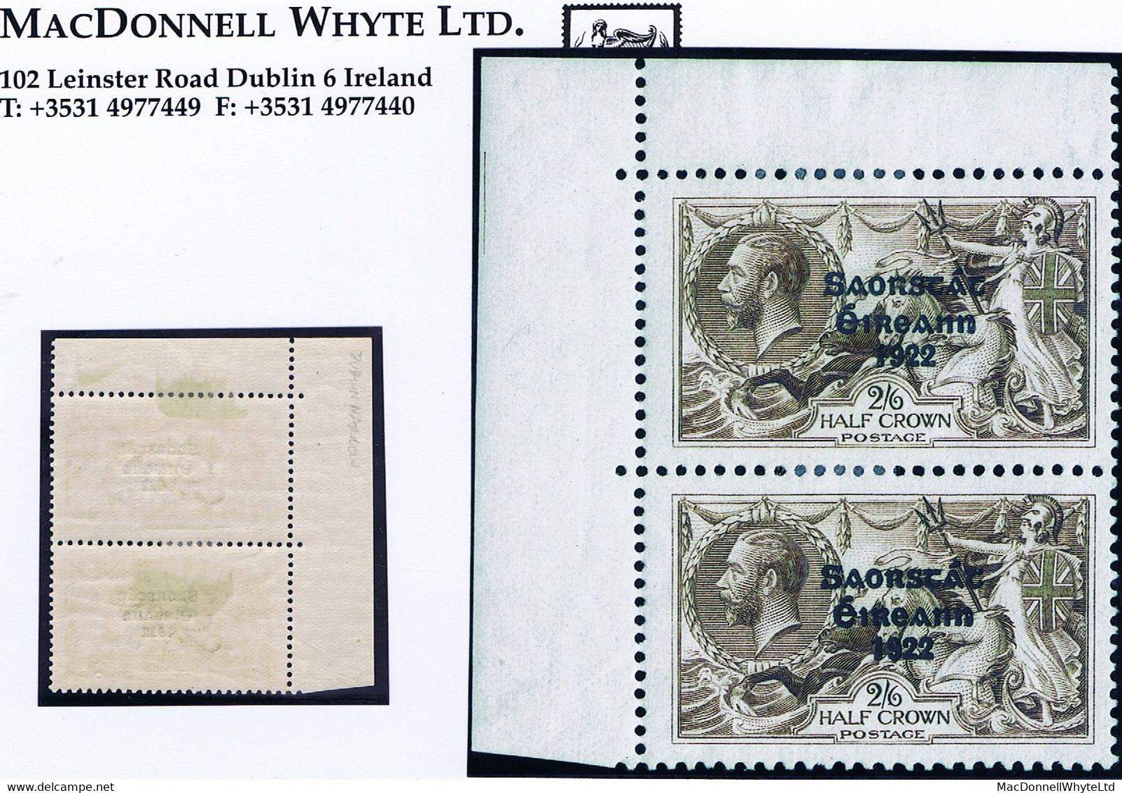 Ireland 1925 Narrow Date Saorstat Ovpt On Seahorse 2s 6d Brown Corner Pair, "Needle-eye Accent" Mint Hinged - Unused Stamps