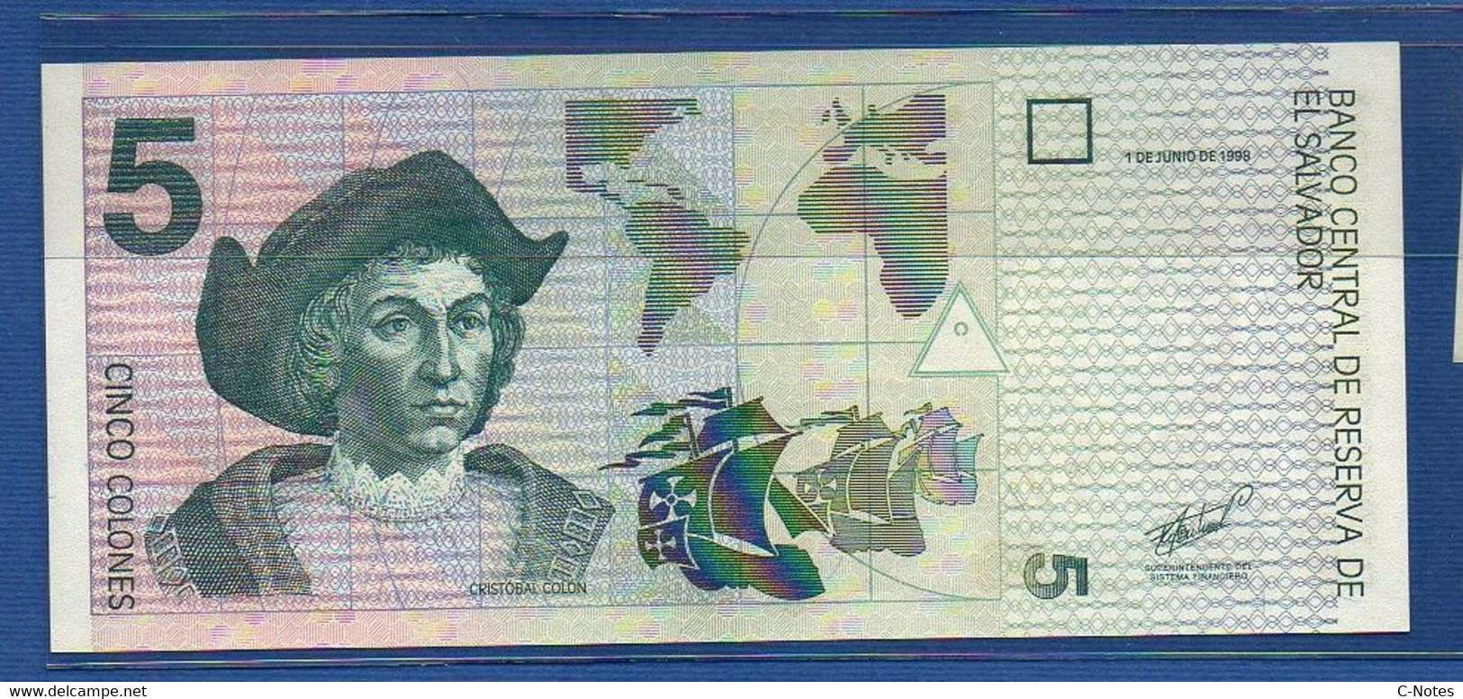 EL SALVADOR  - P.147b2 – 5 Colones 1998 UNC, Series BG 06992053 - Salvador