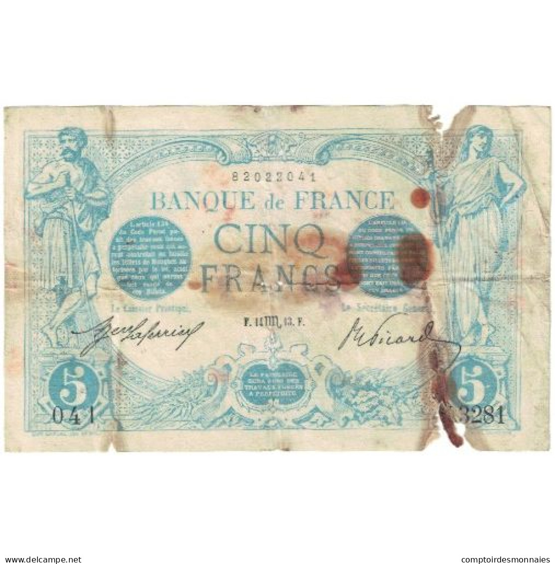 France, 5 Francs, Bleu, 1913, L.3281, B, Fayette:02.21, KM:70 - 5 F 1912-1917 ''Bleu''