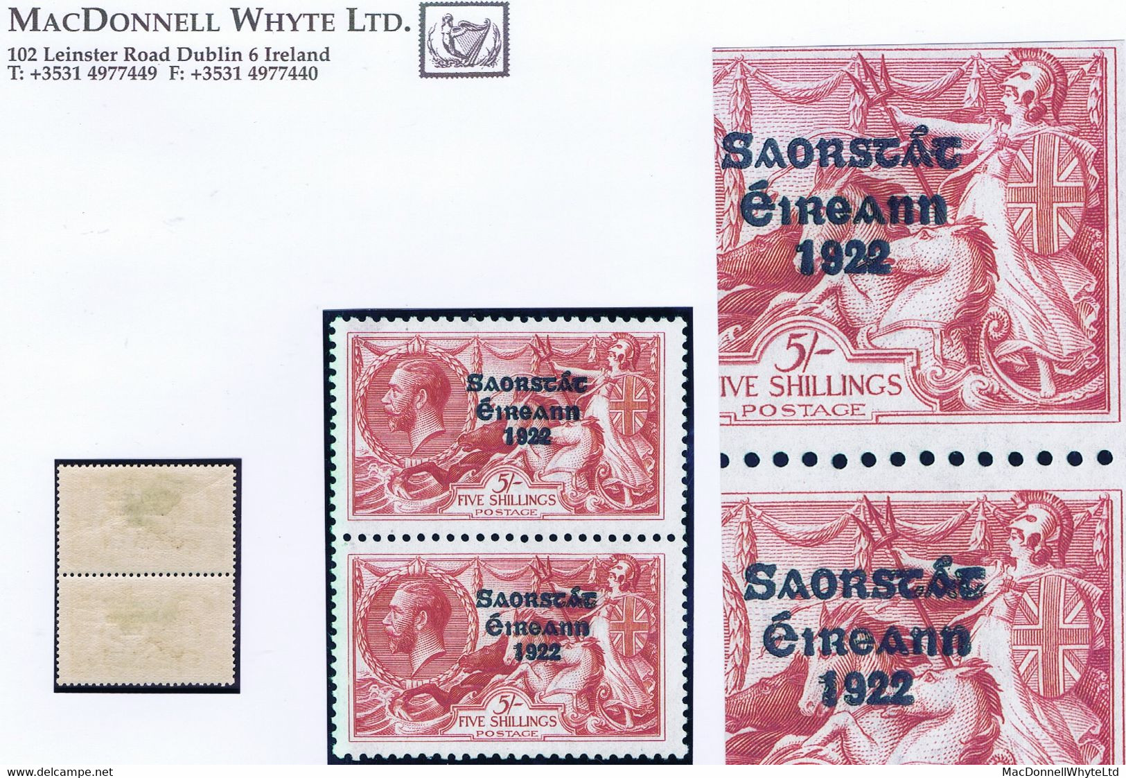 Ireland 1927-28 Narrow Date Saorstat Ovpt On Seahorse 5s, Vert Pair Characteristic Of Composite Setting Mint - Unused Stamps