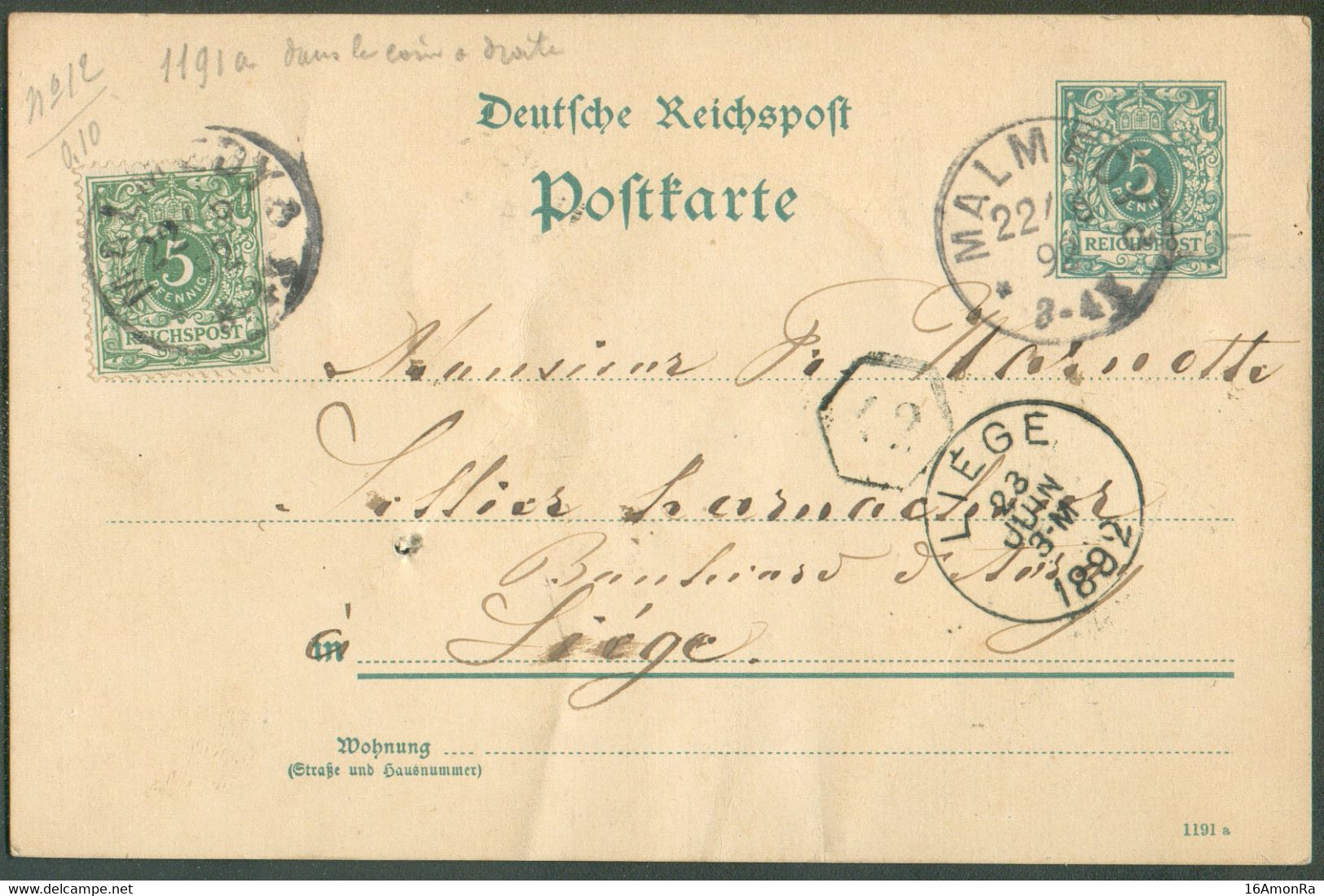 E.P. Carte Allemagne 5 Pfg + 5pfg Obl. Sc MALMEDY 22-6-1892 Vers Liège (Cantons De L'Est)     - 20758 - Briefkaarten 1871-1909