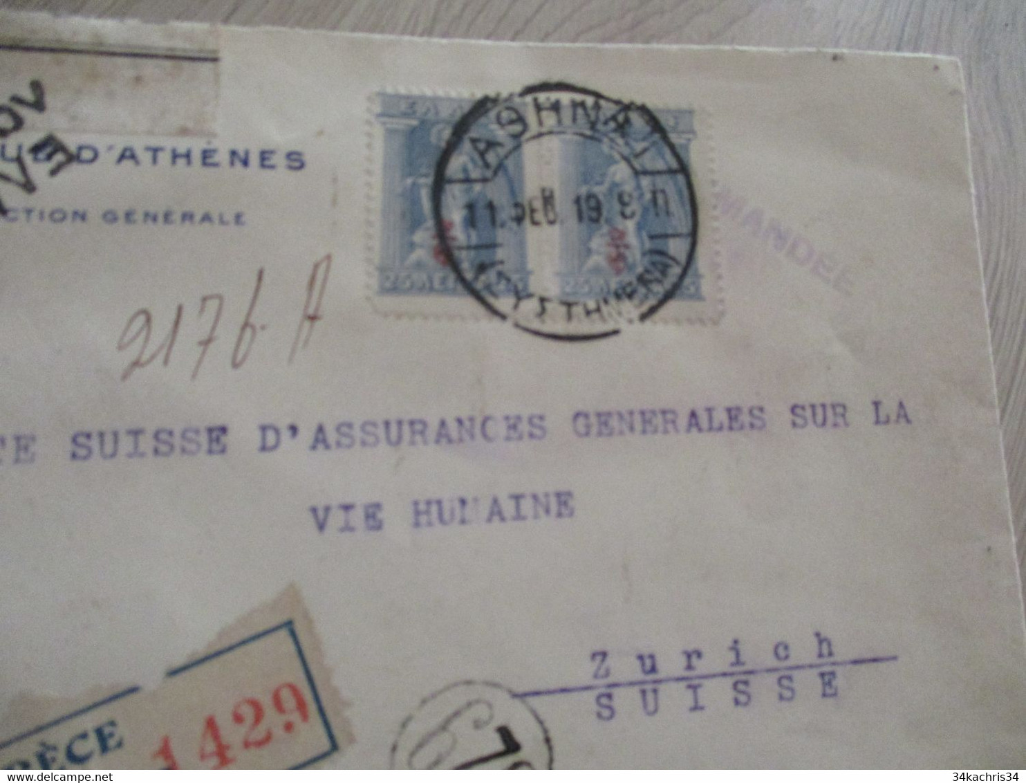 Lettre Grèce Greece Athènes Pour Zurich En Recommandé 1919 Censure Grecque - Lettres & Documents