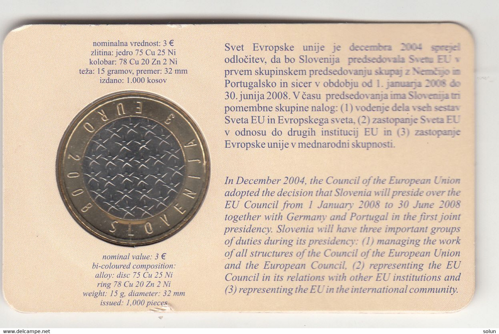 3 EURO 2008 COIN CARD SLOVENIJA PREDSEDOVANJE EU  PRESIDENCY OF THE EU SLOVENIA - Slovénie