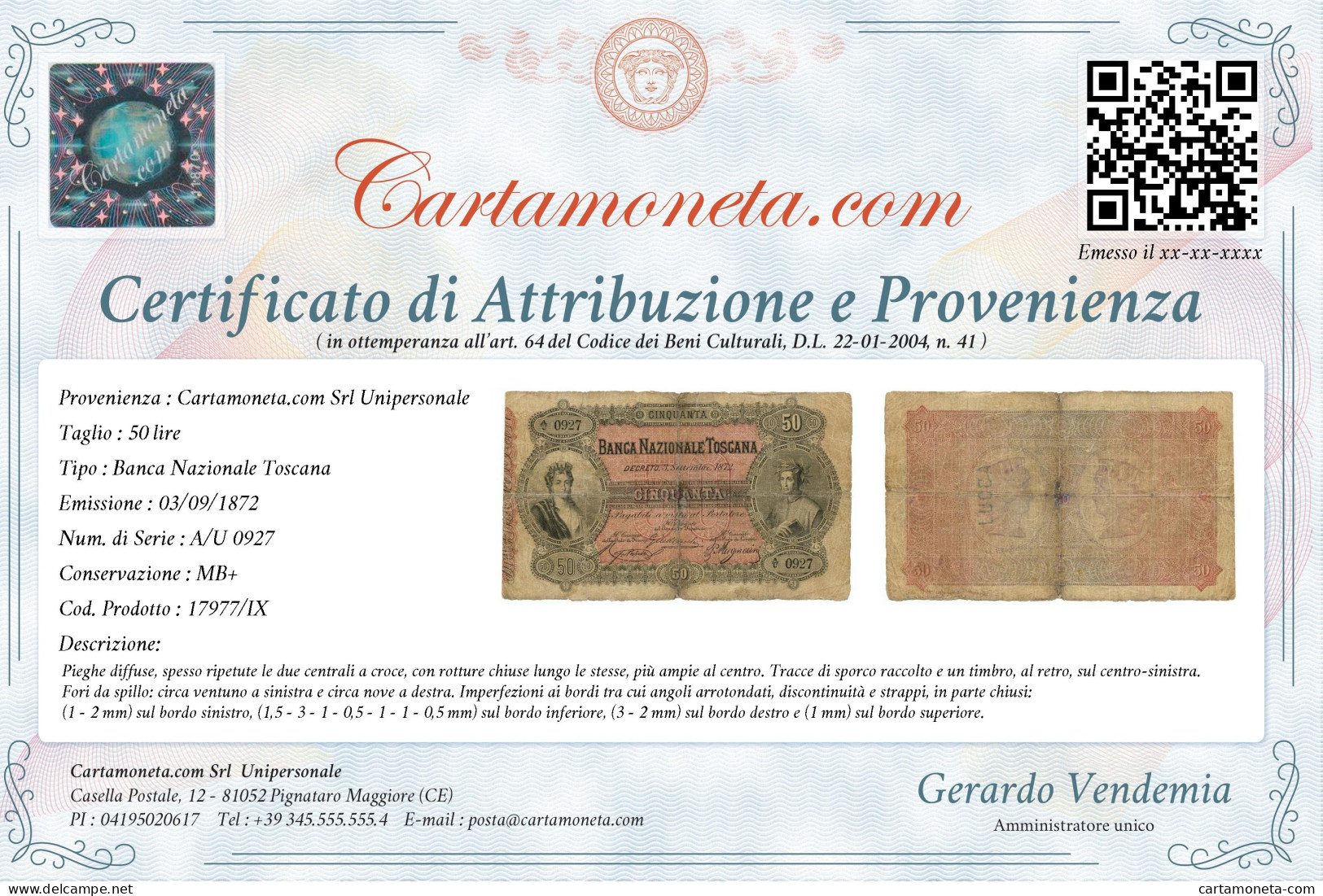 50 LIRE BANCA NAZIONALE TOSCANA REGNO D'ITALIA 03/09/1872 MB+ - Andere & Zonder Classificatie