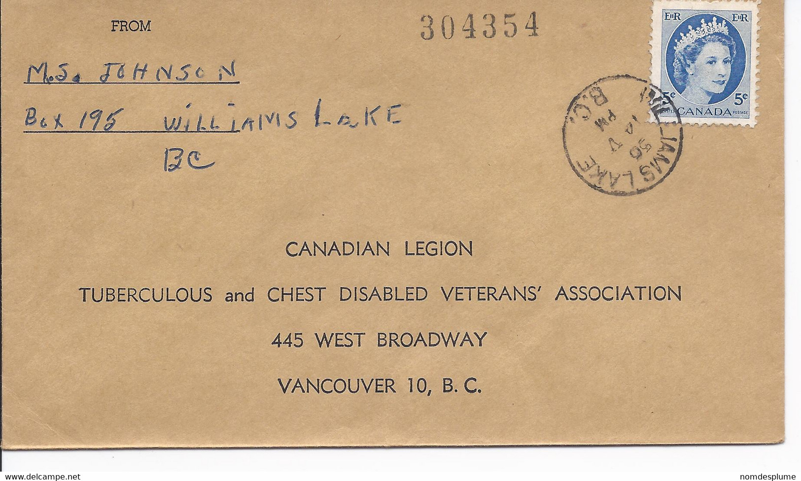 16452) Canada Cover Brief Lettre 1956 BC British Columbia Postmark Cancel - Covers & Documents