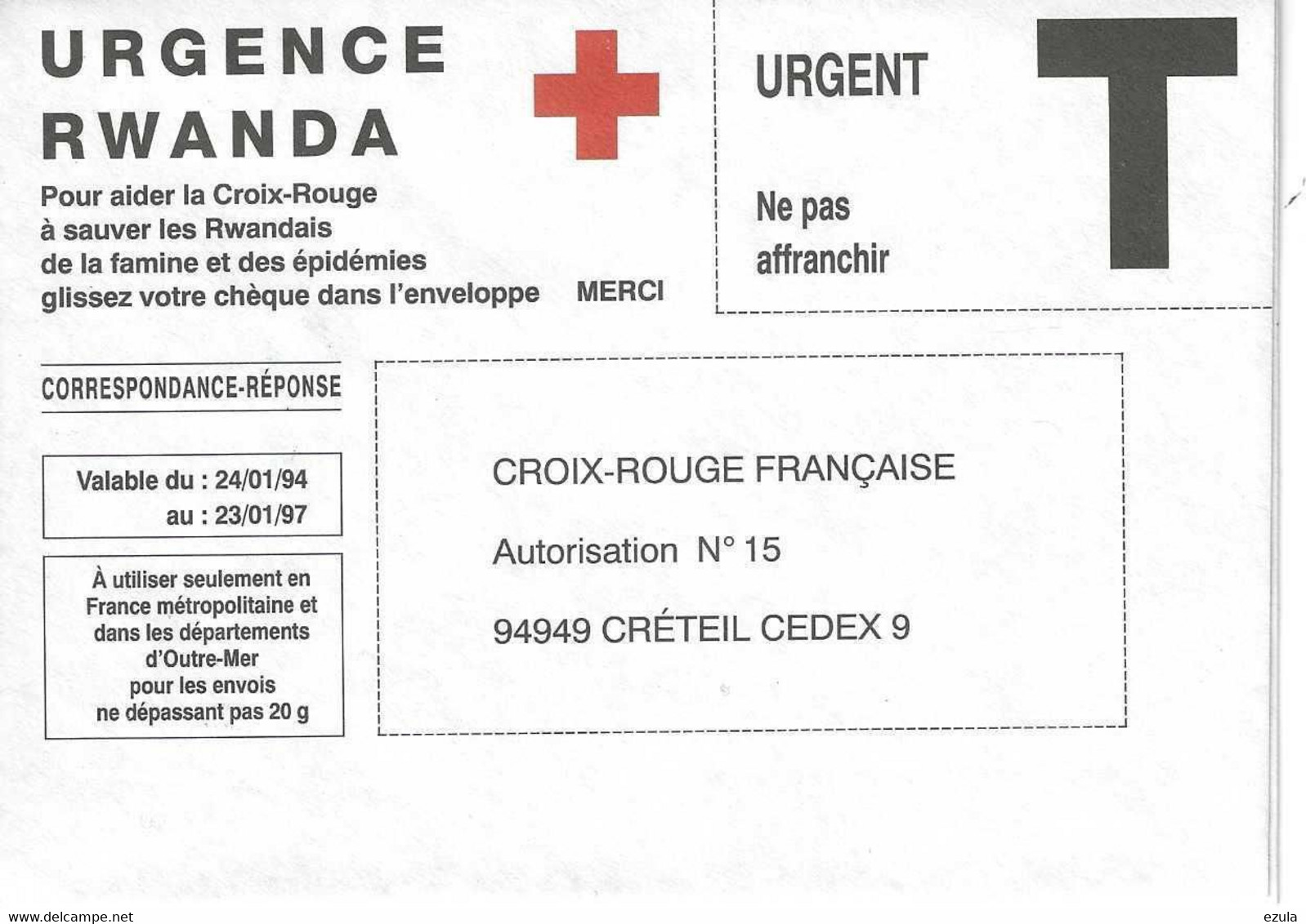 Enveloppe Croix Rouge Française  Urgence RWANDA - Croce Rossa