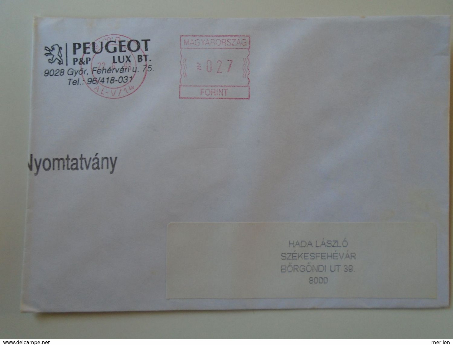 D193790  Hungary  Cover -EMA Red Meter Freistempel  1998   PEUGEOT  Automobile GYŐR - Timbres De Distributeurs [ATM]