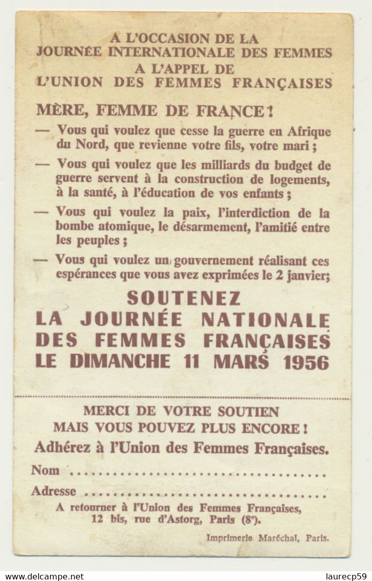 Carte Du Dimanche 11 Mars 1956 - Journée Nationale Des Femmes Françaises - Inaugurations