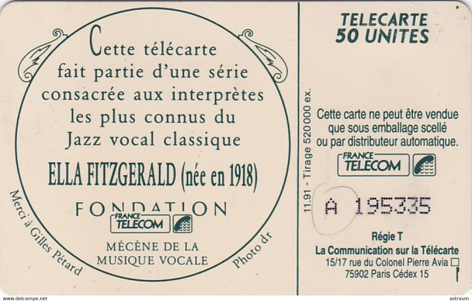 Telecarte Variété - F 203 - Ella Fitzgerald ( A Pointu ) - Errors And Oddities