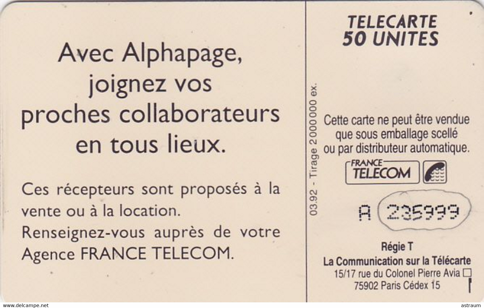 Telecarte Variété - F 255 - Alphapage , France Telecom ( N° Ondulé ) - Errors And Oddities