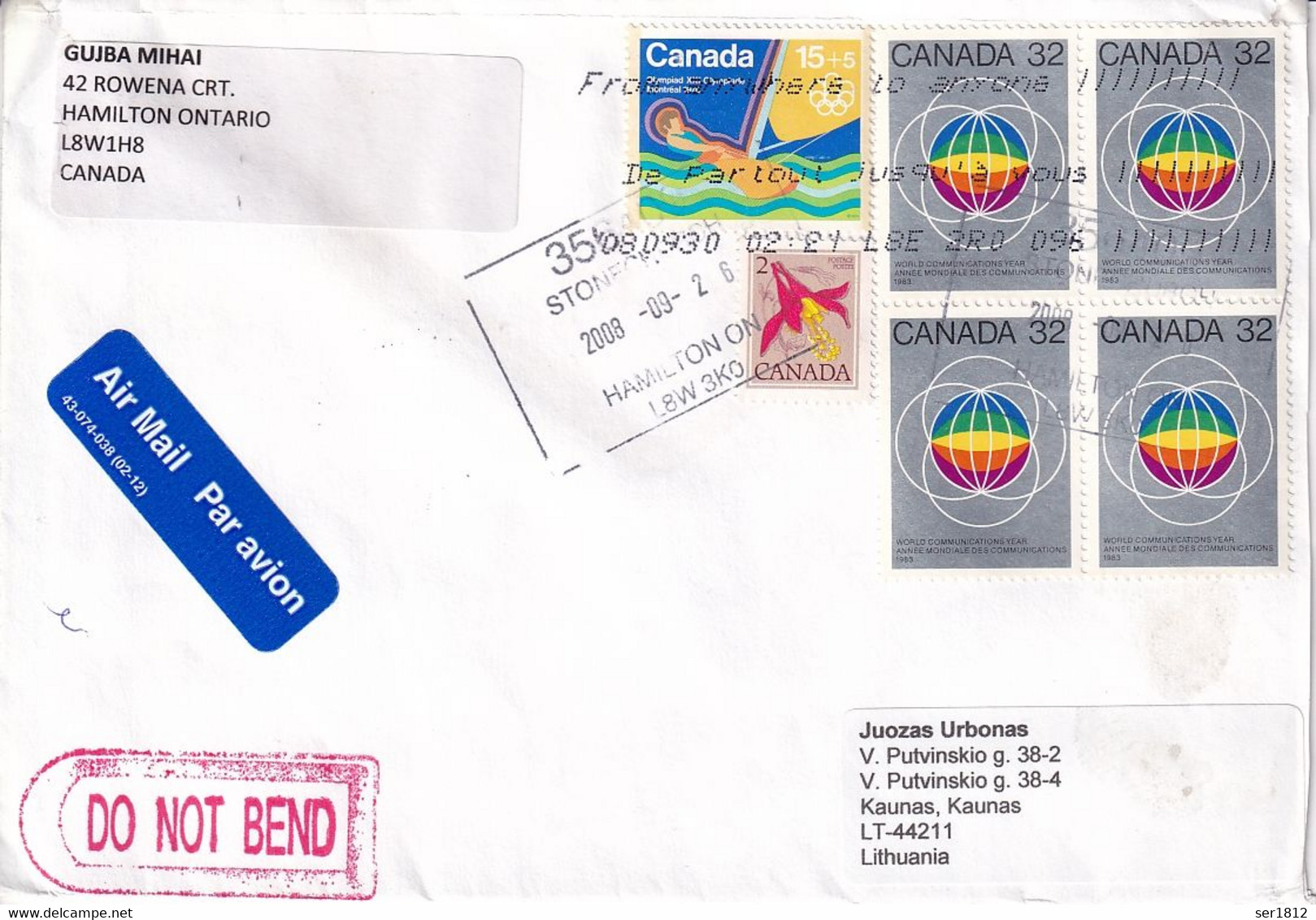 Canada 2008 Postal Cover Hamilton Ontario To Kaunas Lithuania - Briefe U. Dokumente