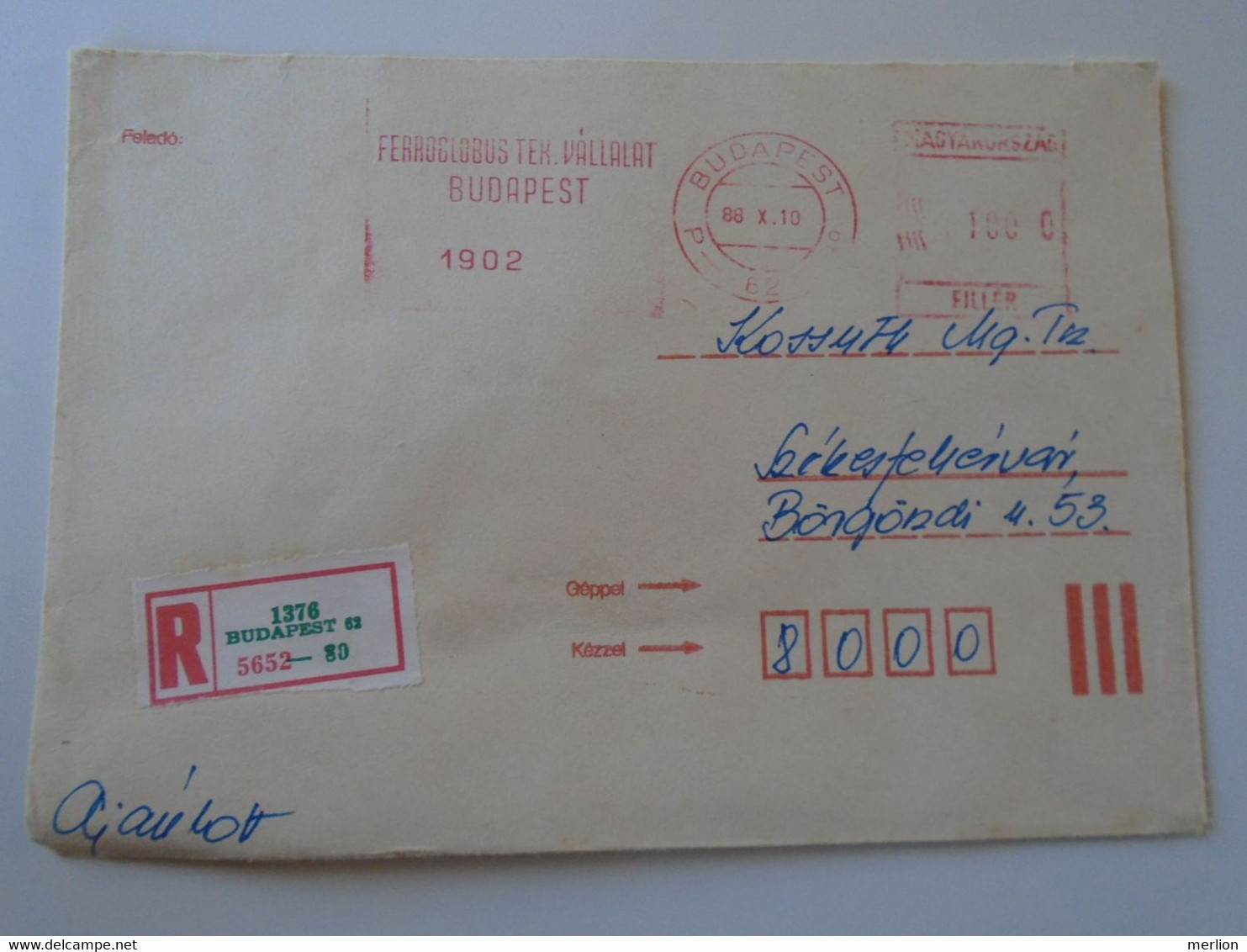 D193820  Hungary Reg.  Cover -EMA Red Meter Freistempel 1988 Ferroglobus - Timbres De Distributeurs [ATM]