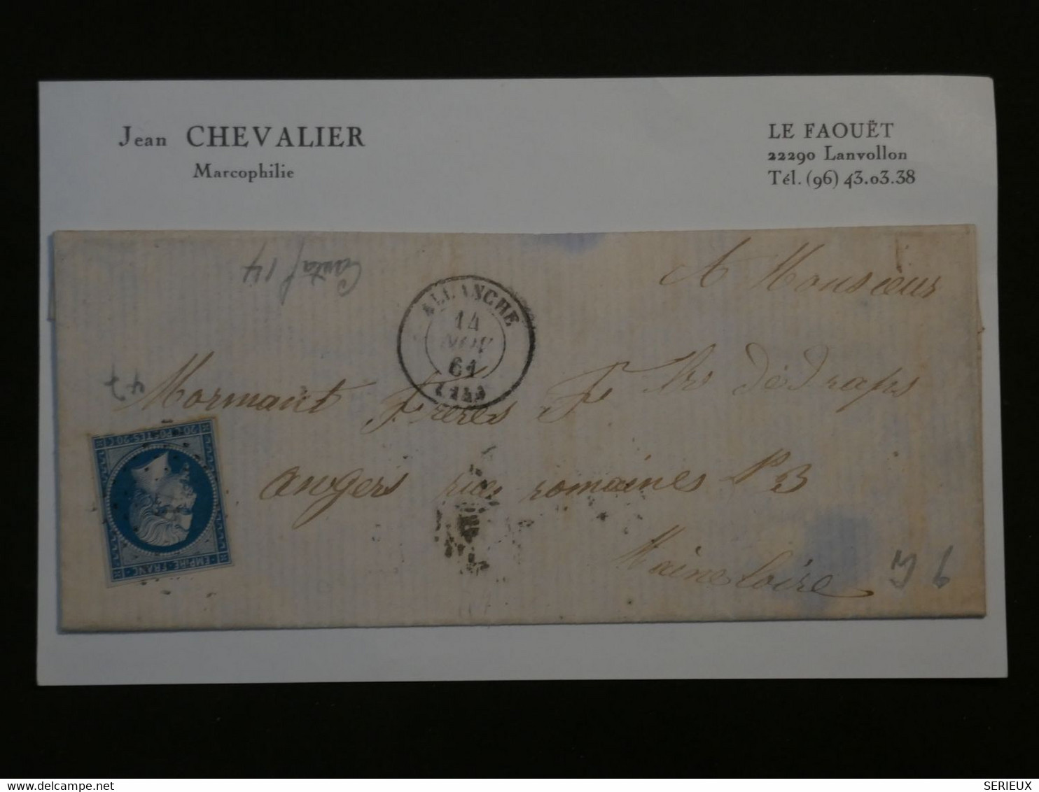 BN17 FRANCE BELLE LETTRE RR  1861 ALLANCHE A  ANGERS +NAP. N°14 LOS. ++AFFRANCH. PLAISANT + + - 1853-1860 Napoleone III