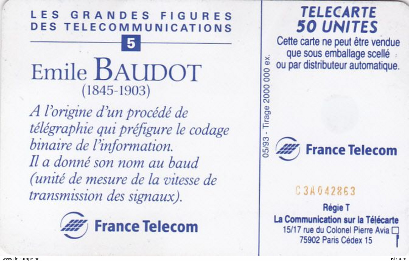 Telecarte Variété - F 366 B  - Emile Baudot - ( N° Rouge ) - Variëteiten