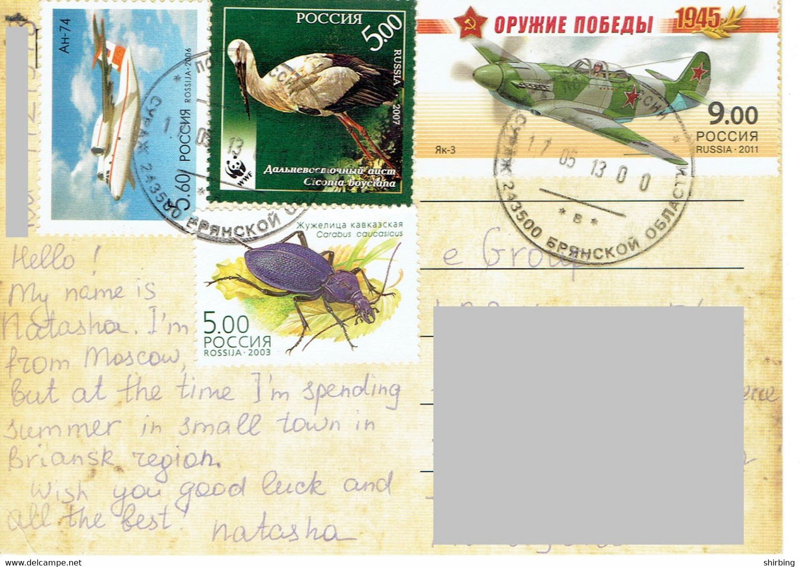 C5 :Russia - Military War Airplane, Stork Bird, Insect, Small Airplane Stamps Used On Postcard - Briefe U. Dokumente