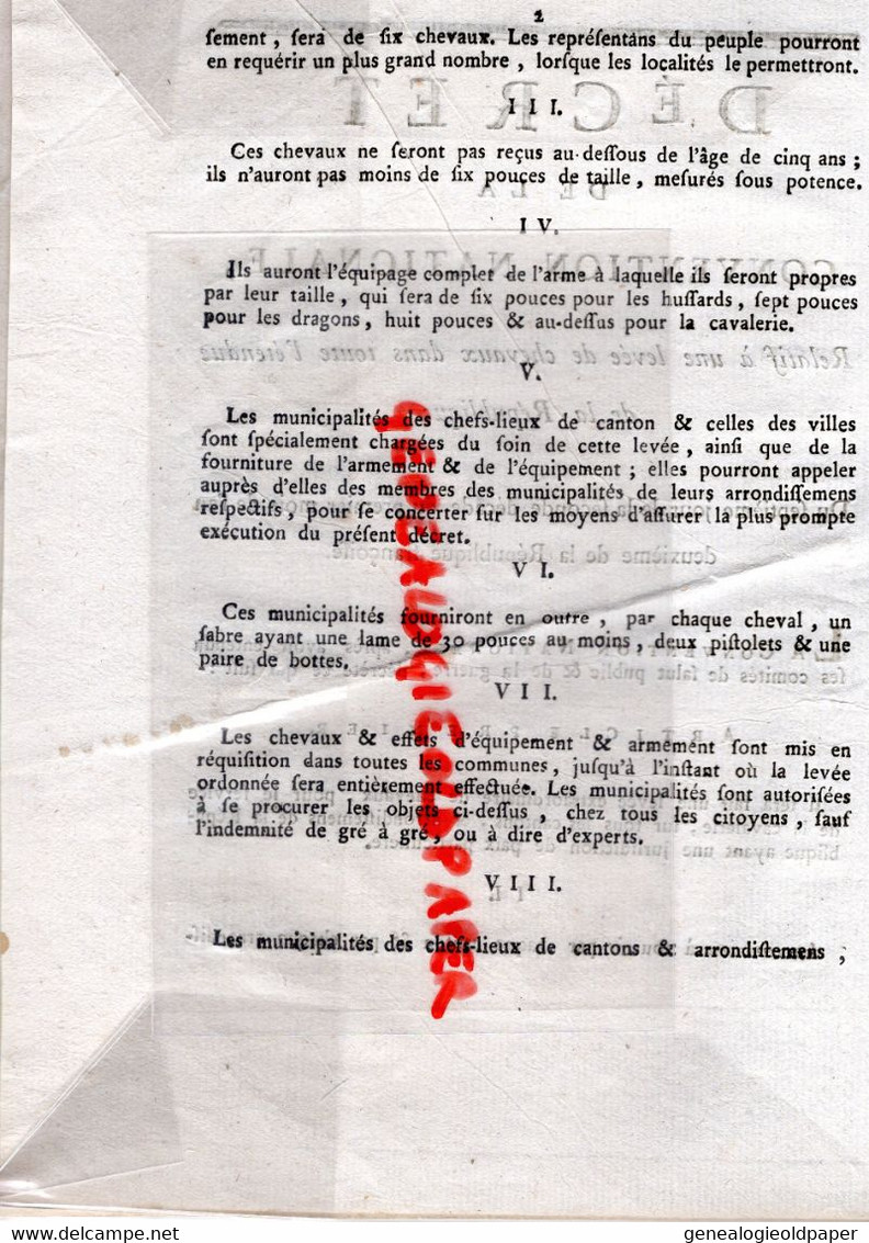 87-LIMOGES- DECRET CONVENTION NATIONALE LEVEE DE CHEVAUX -AN 2 REPUBLIQUE-GUERRE -VERSAILLES-AUCH-GAP-ARLES-ABBEVILLE - Documenti Storici