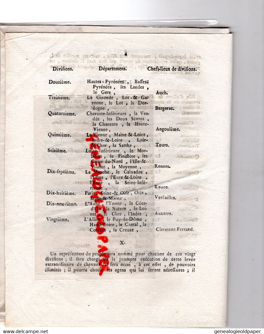 87-LIMOGES- DECRET CONVENTION NATIONALE LEVEE DE CHEVAUX -AN 2 REPUBLIQUE-GUERRE -VERSAILLES-AUCH-GAP-ARLES-ABBEVILLE - Documenti Storici