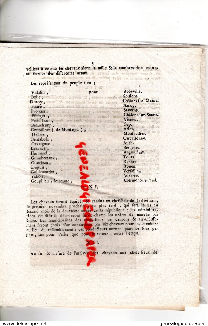 87-LIMOGES- DECRET CONVENTION NATIONALE LEVEE DE CHEVAUX -AN 2 REPUBLIQUE-GUERRE -VERSAILLES-AUCH-GAP-ARLES-ABBEVILLE - Documenti Storici