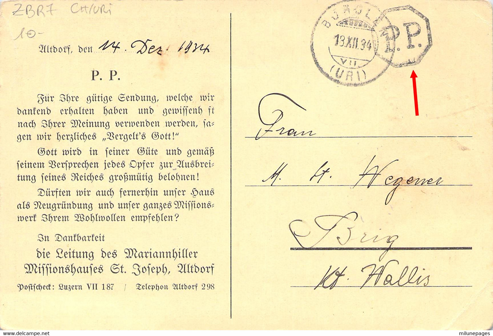 Suisse Schweiz UR Carte Illustrée E.Böhler Mariannhiller Missionshauses St Josrph Altdorf + Cachet Franchise P.P. 1934 - Altdorf