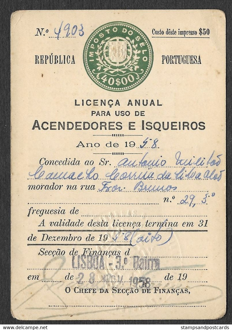 Portugal Timbre Fiscal Fixe 40$ Licence De Briquet + Assistência 1958 Stamped Revenue Lighter License - Storia Postale