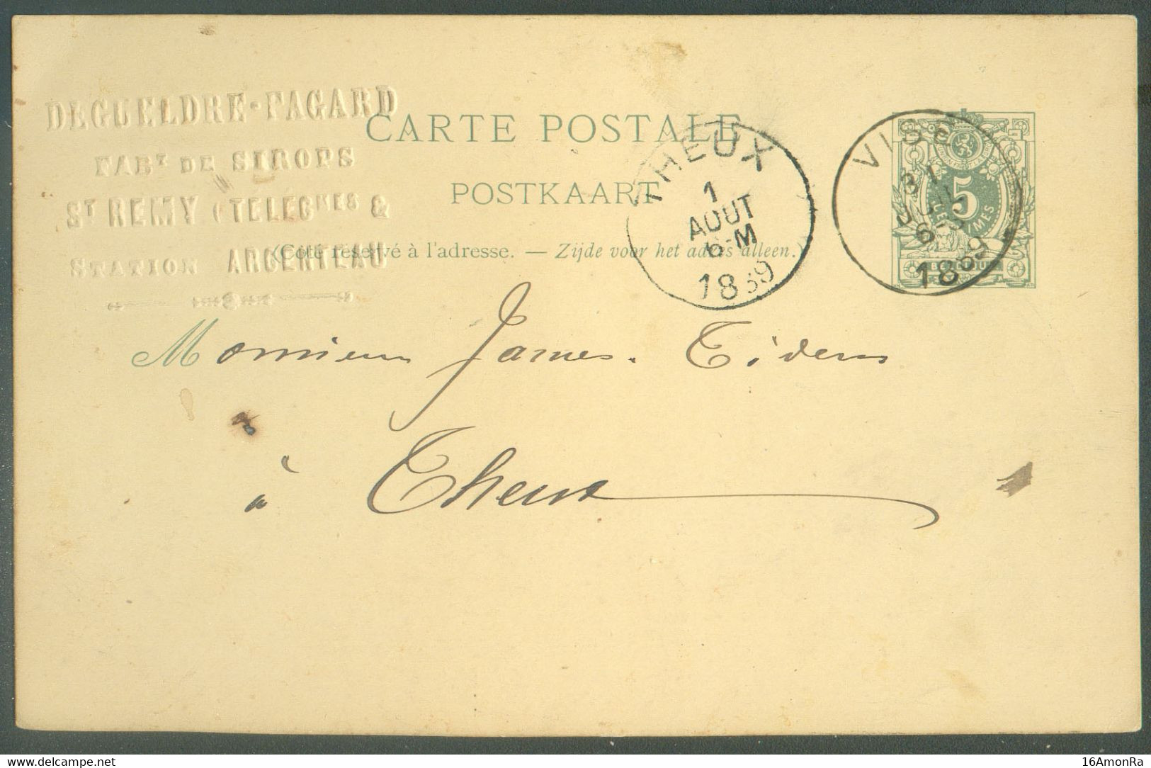 E.P. Carteb 5 Centimes Obl. Sc VISE 31 Juillet 1889 + Impression Exp. DEGUELSRE PAGARD Fabricant De SIROPS St REMY Stati - Postcards 1871-1909