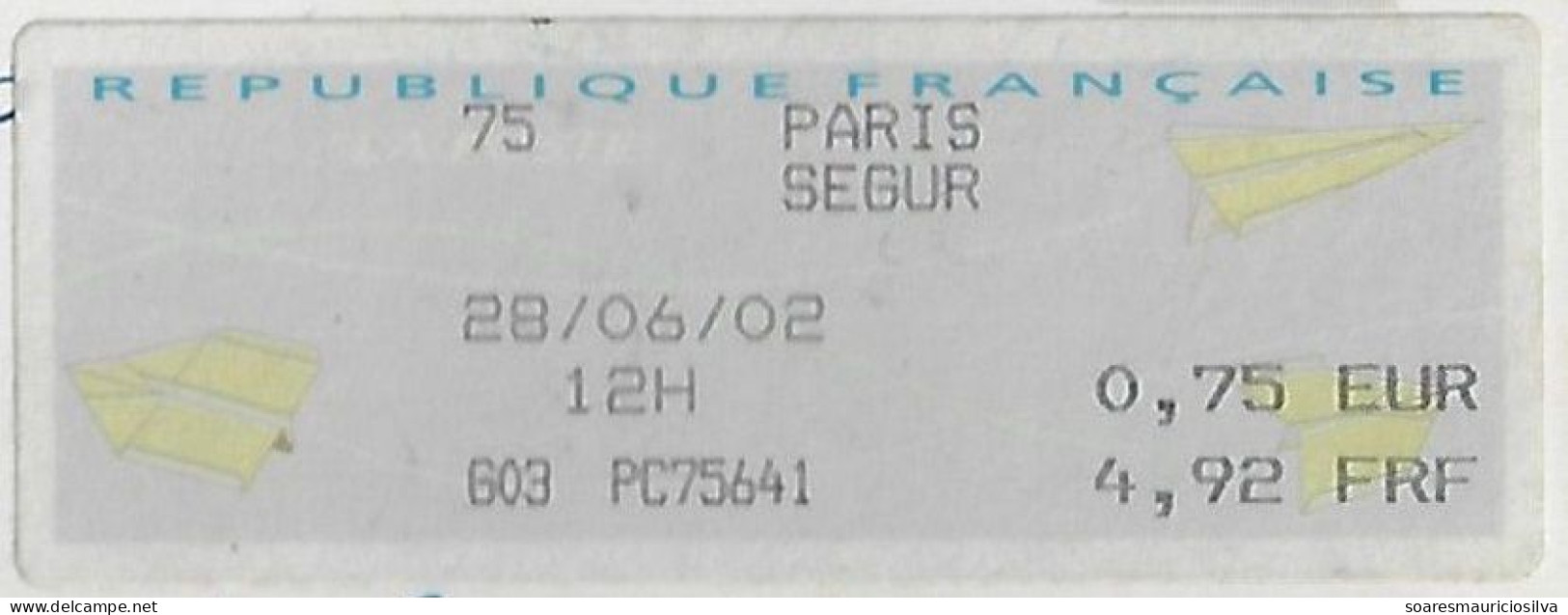 France 2002 Postcard Sent From Paris To Rio De Janeiro Brazil Meter Stamp Olivetti PR50 Paper Airplane Label €0,75 - 2000 Type « Avions En Papier »