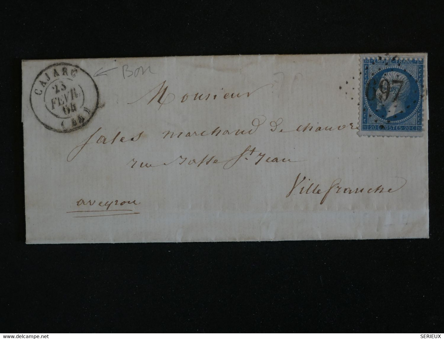 BO1  FRANCE  BELLE LETTRE RR 1864    +NAP N° 22  + CARJAC A VILLEFRANCHE  +AFFRANC. INTERESSANT+ + - 1853-1860 Napoleone III