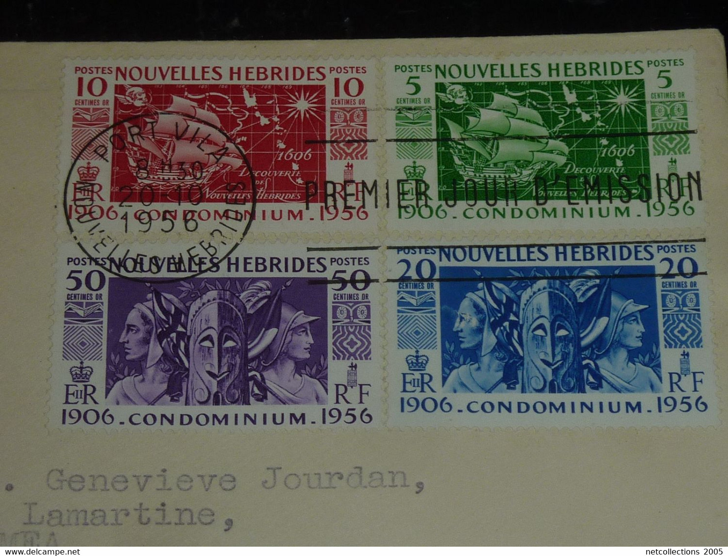 1ER JOUR NOUVELLES HEBRIDES 20/10/1956 EXPEDIER POUR LA NOUVELLE CALEDONIE - CACHET D'ARRIVEE NOUMEA 5/11/1956 (02-23) - Lettres & Documents