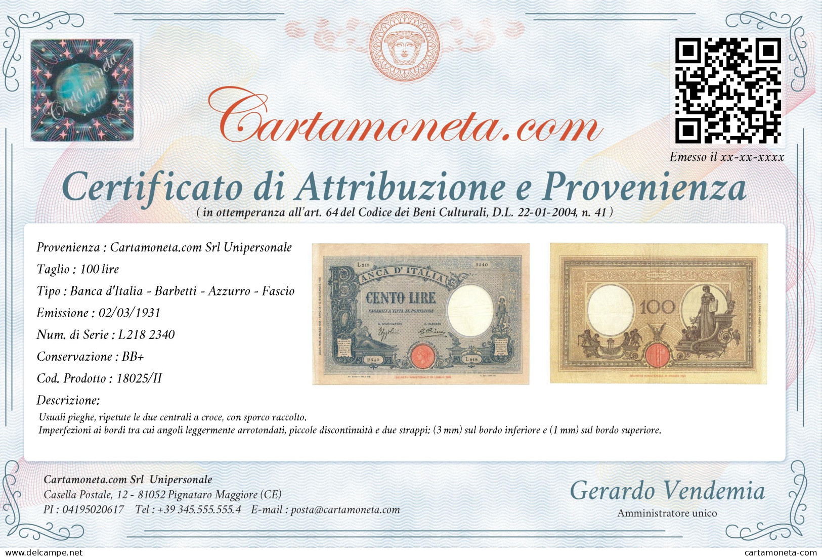 100 LIRE BARBETTI GRANDE B AZZURRO TESTINA FASCIO 02/03/1931 BB+ - Andere