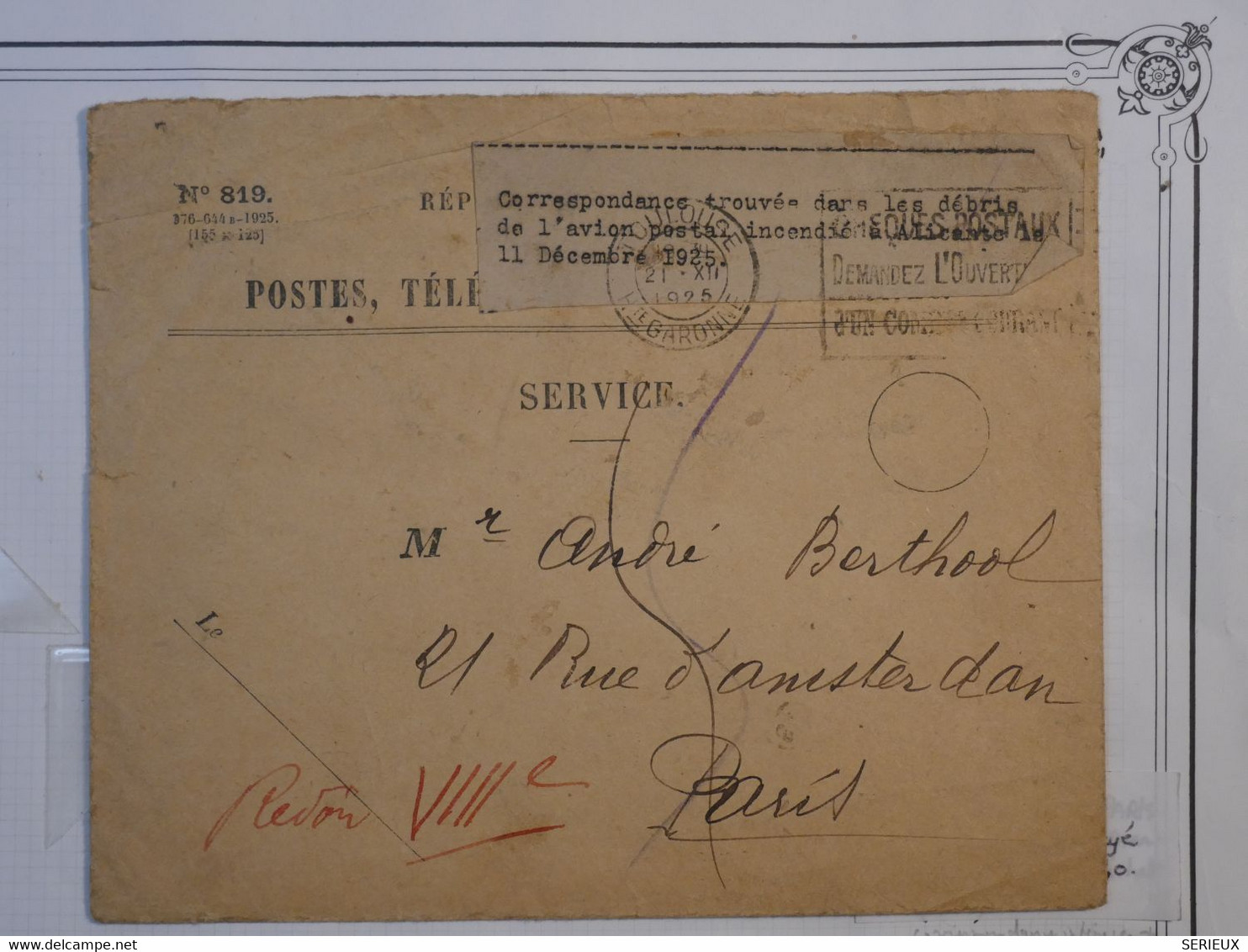 BO3 MAROC FRANCE  TRES RARE   BEL ENS. DE 2 LETTRES    ACCIDENT DU 11 DEC.1925 On A Renvoyé Par Courrier La 1ere++++ - Lettres Accidentées