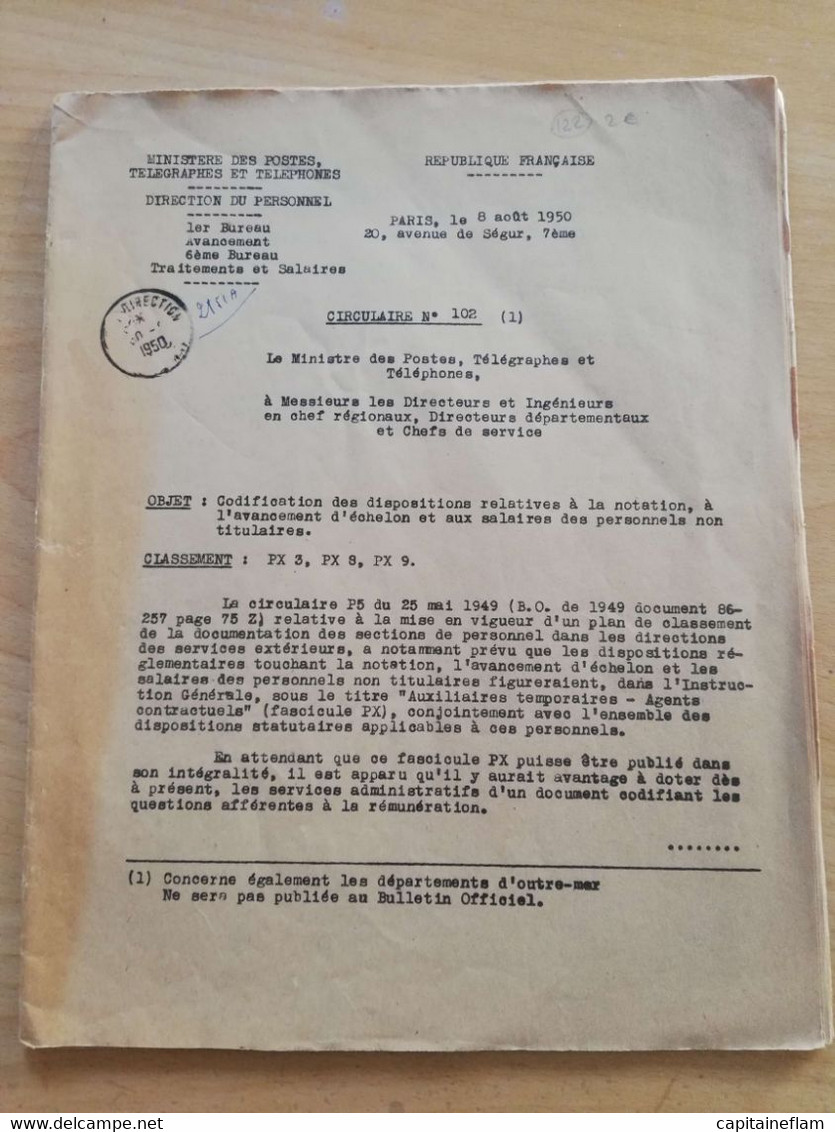 L122 - 1950 Circulaire 102 Sur La Notation Et L'avancement Du Personnel POSTES PTT - Postal Administrations