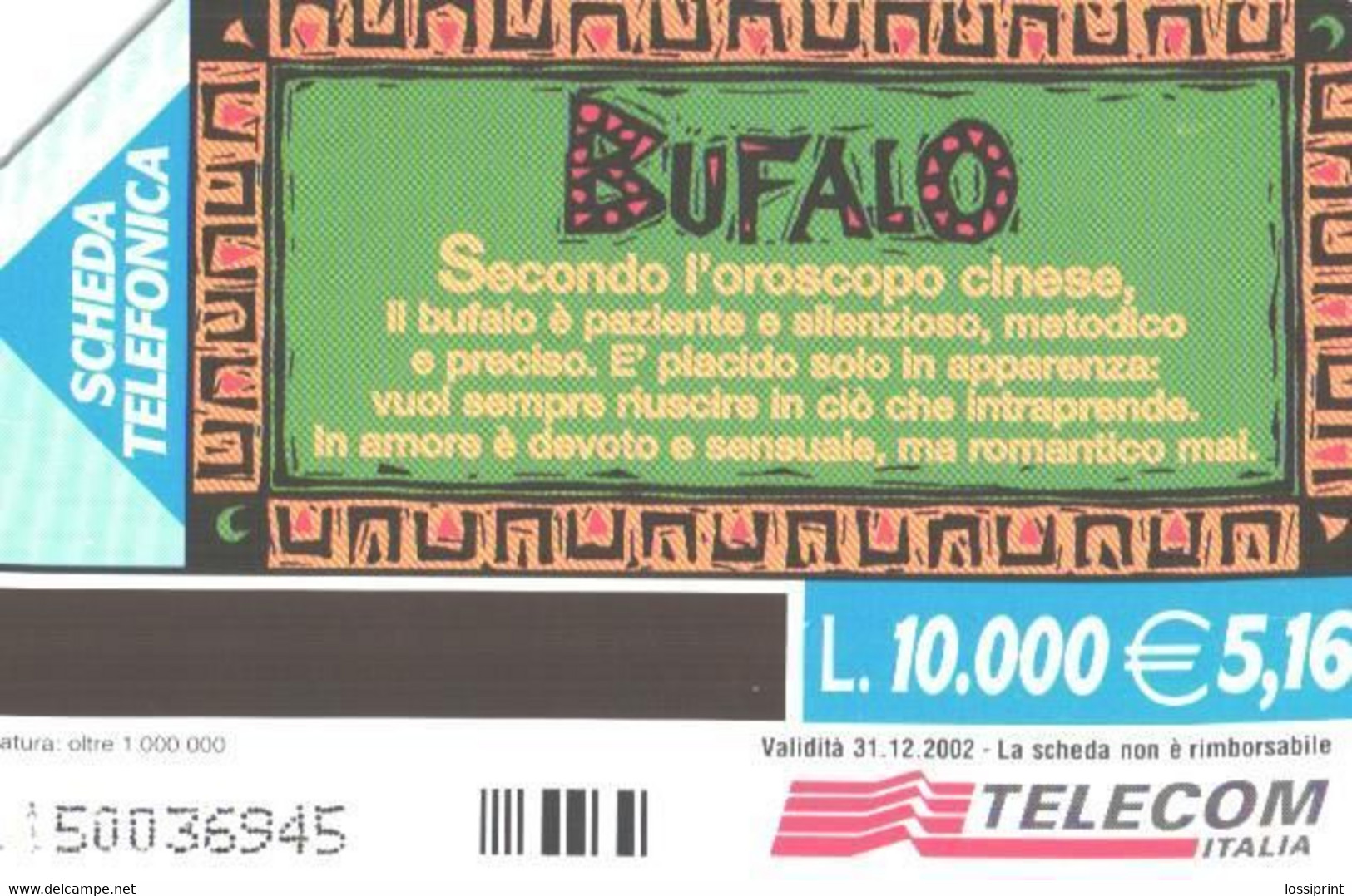 Italy:Used Phonecard, Telecom Italia, 10000 Lire, Buffalo, 2002 - Public Themes