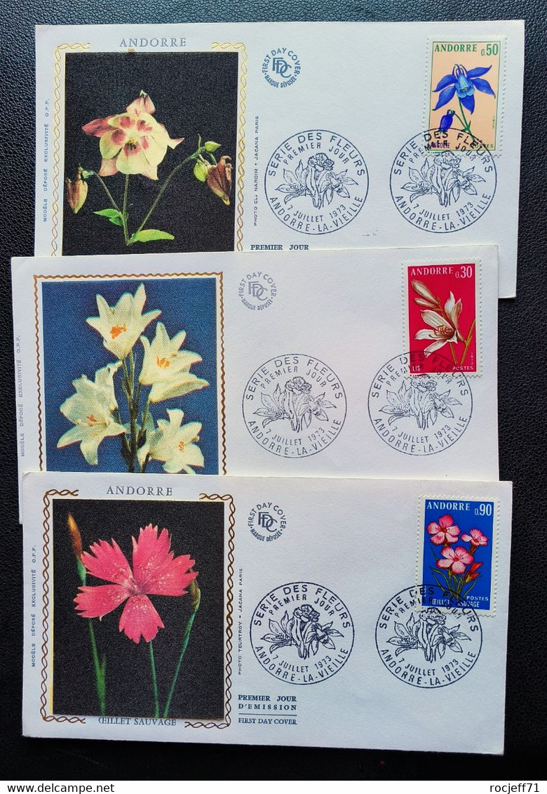 02 - 23  //  Andorre - 1er Jours - 3 X FDC Fleurs - 1973 - Briefe U. Dokumente