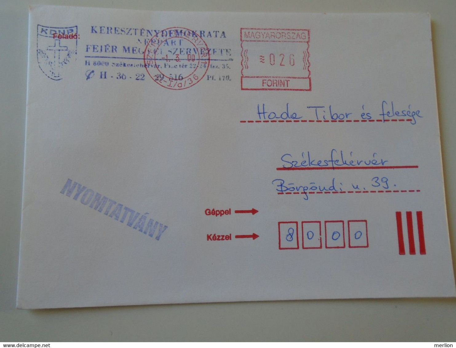 D193963 Hungary   Cover - EMA Red Meter Freistempel - 2000 Székesfehérvár   KDMP - Fejér M. - Automatenmarken [ATM]