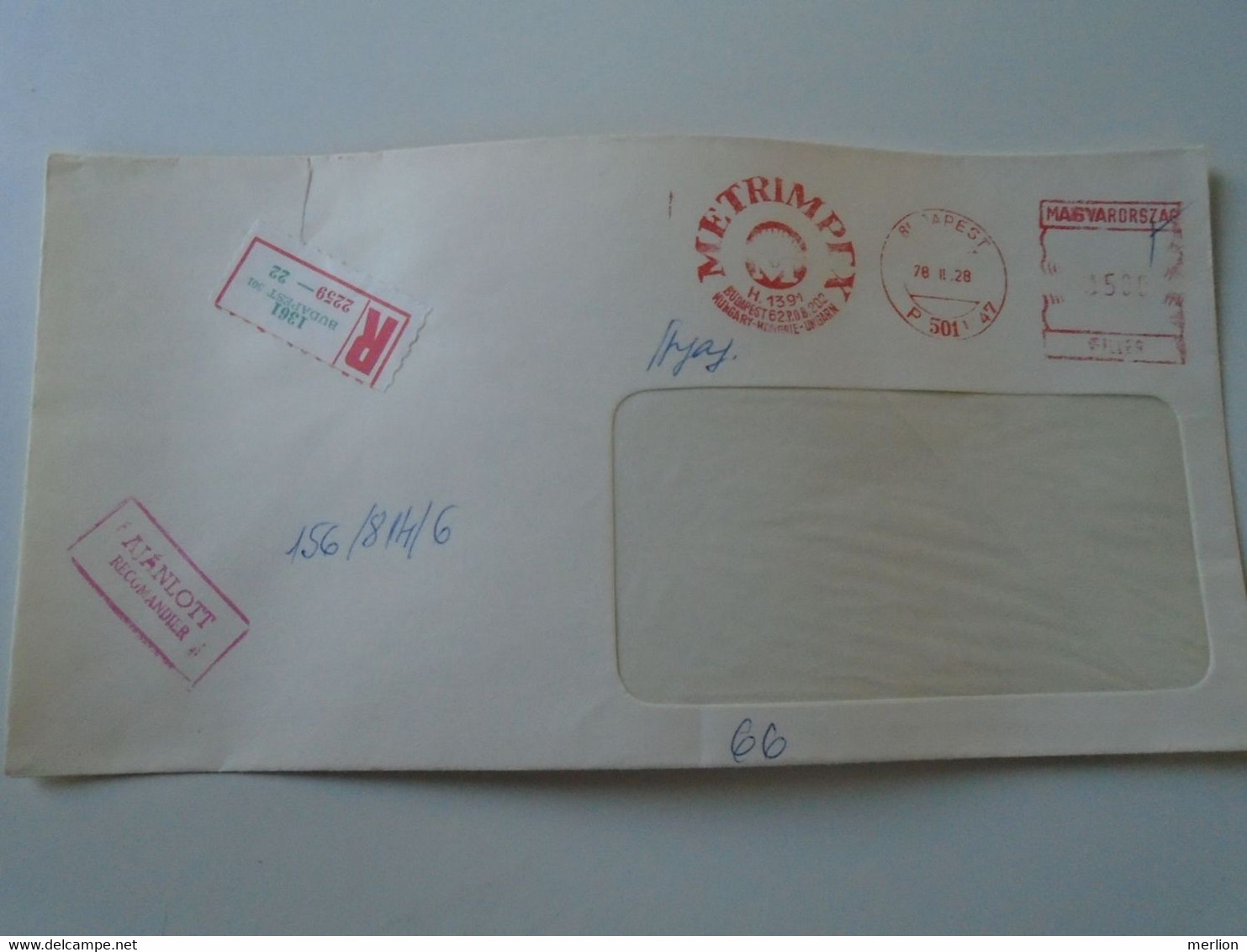 AD00012.53   Hungary Registered  Cover -EMA Red Meter Freistempel-1978 Metrimpex Budapest - Automaatzegels [ATM]