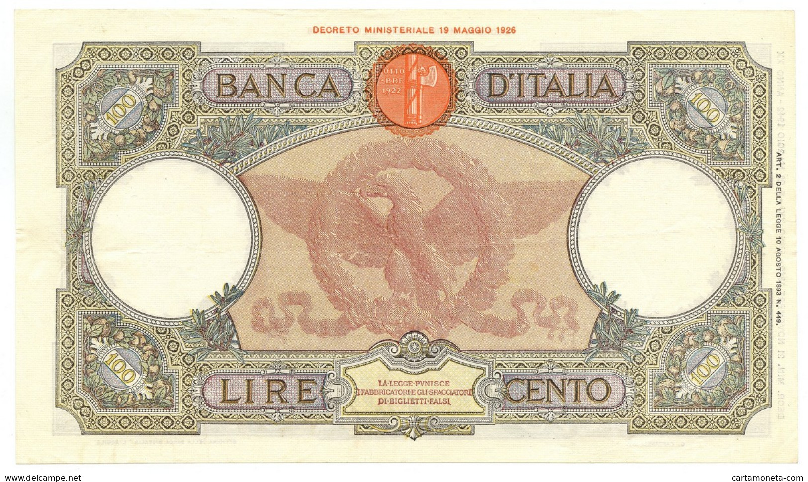 100 LIRE CAPRANESI AQUILA ROMANA TESTINA FASCIO L'AQUILA 21/11/1942 SPL - Andere