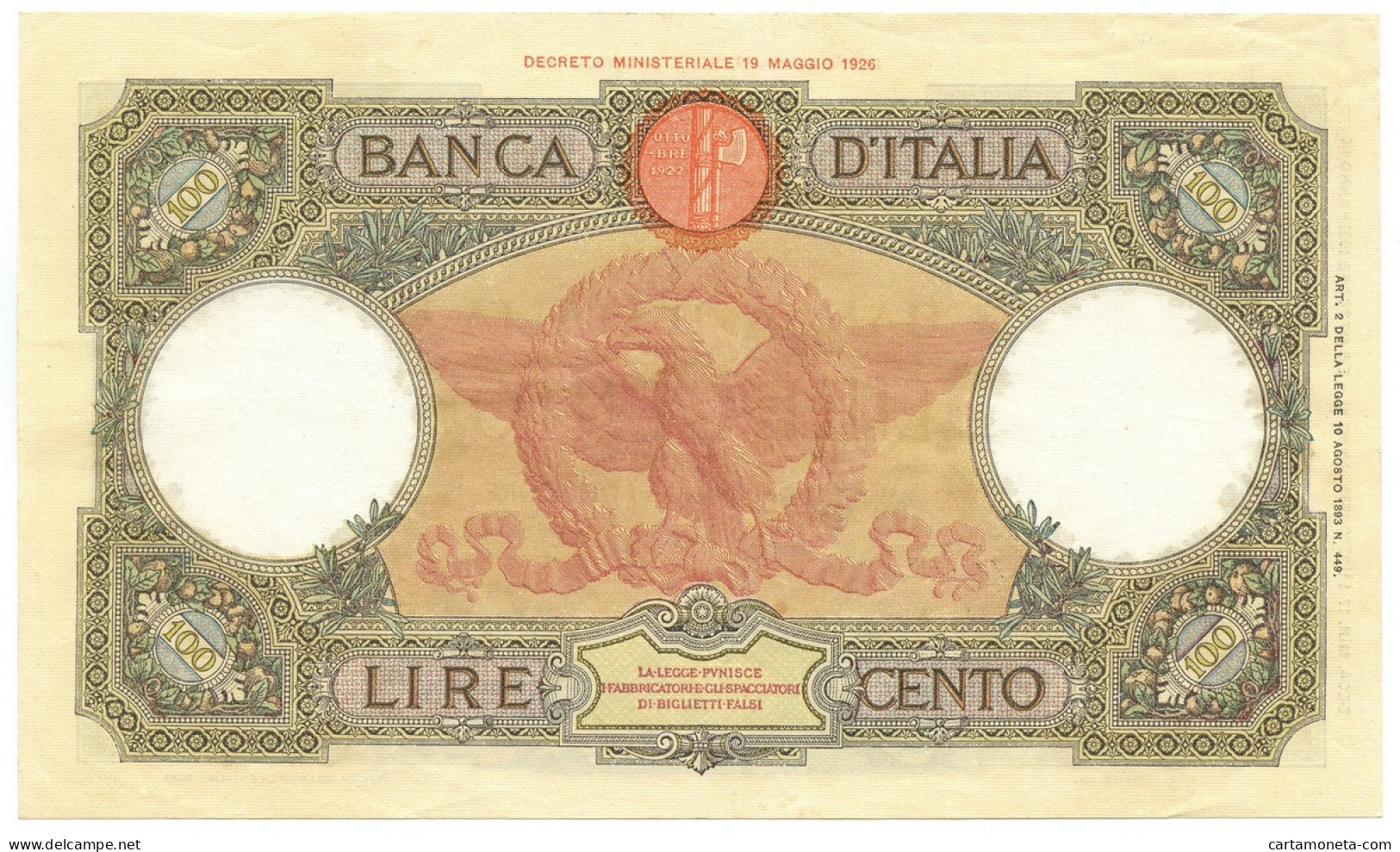 100 LIRE CAPRANESI AQUILA ROMANA TESTINA FASCIO ROMA 17/07/1933 SPL- - Andere